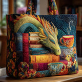 Handgefertigte Stepptasche – Lesender Drache mit Büchern und Taschen