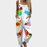 White Overalls with Colorful Chickens
