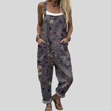 Graue Latzhose mit bunten Blumen