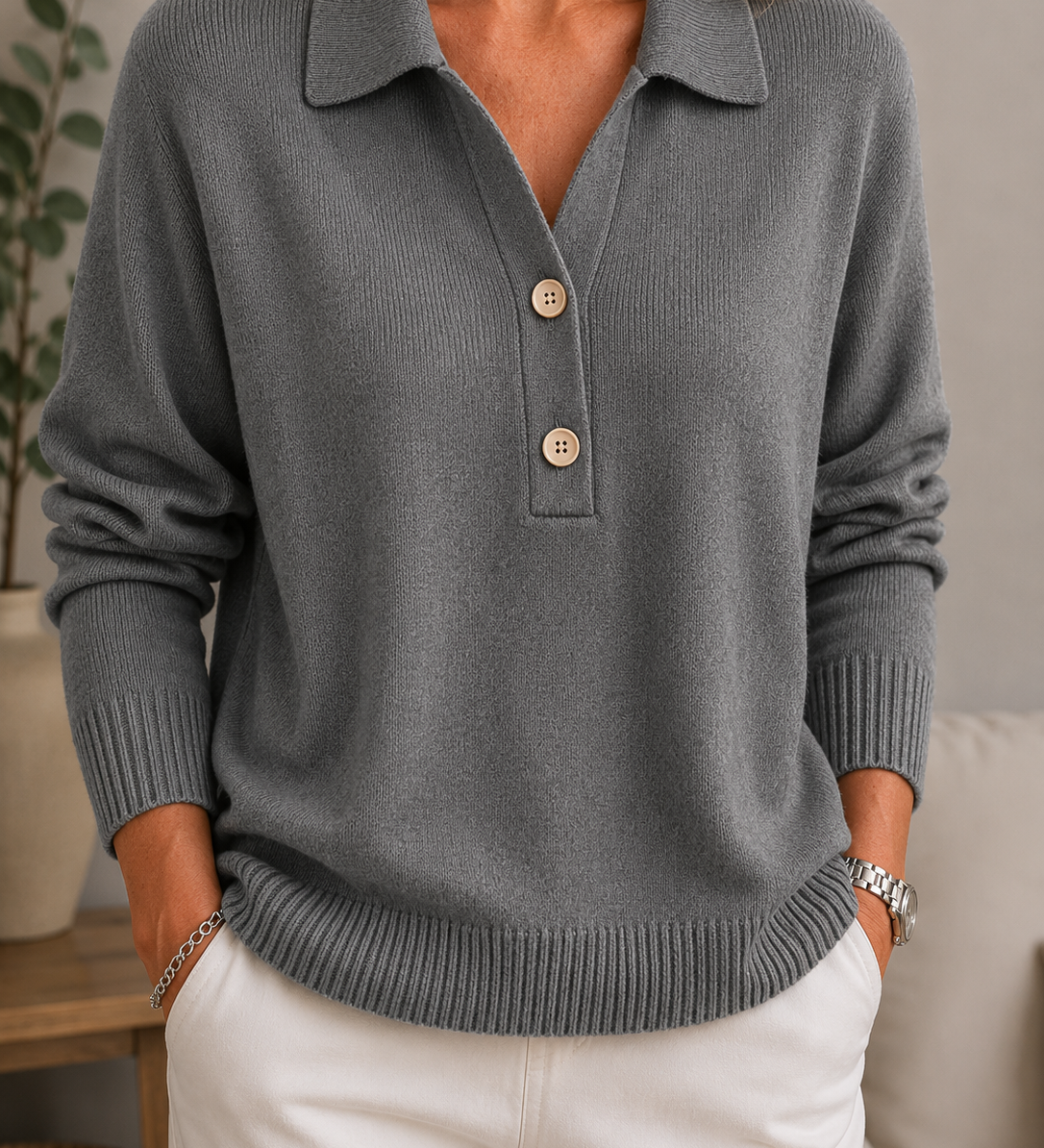 Sanfter Kragen Button-Pullover