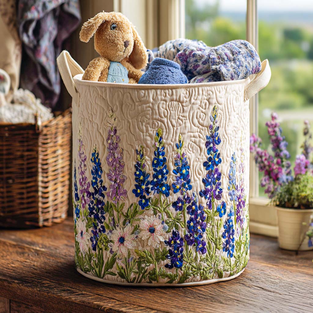 Gesteppter Wäschekorb – Steppwäschesammler mit blauen Blumen